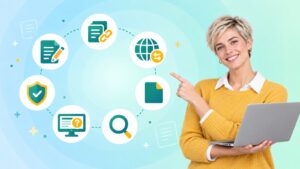 Best help authoring tools: a technical writer at a laptop beside icons for documents, publishing, review and translation