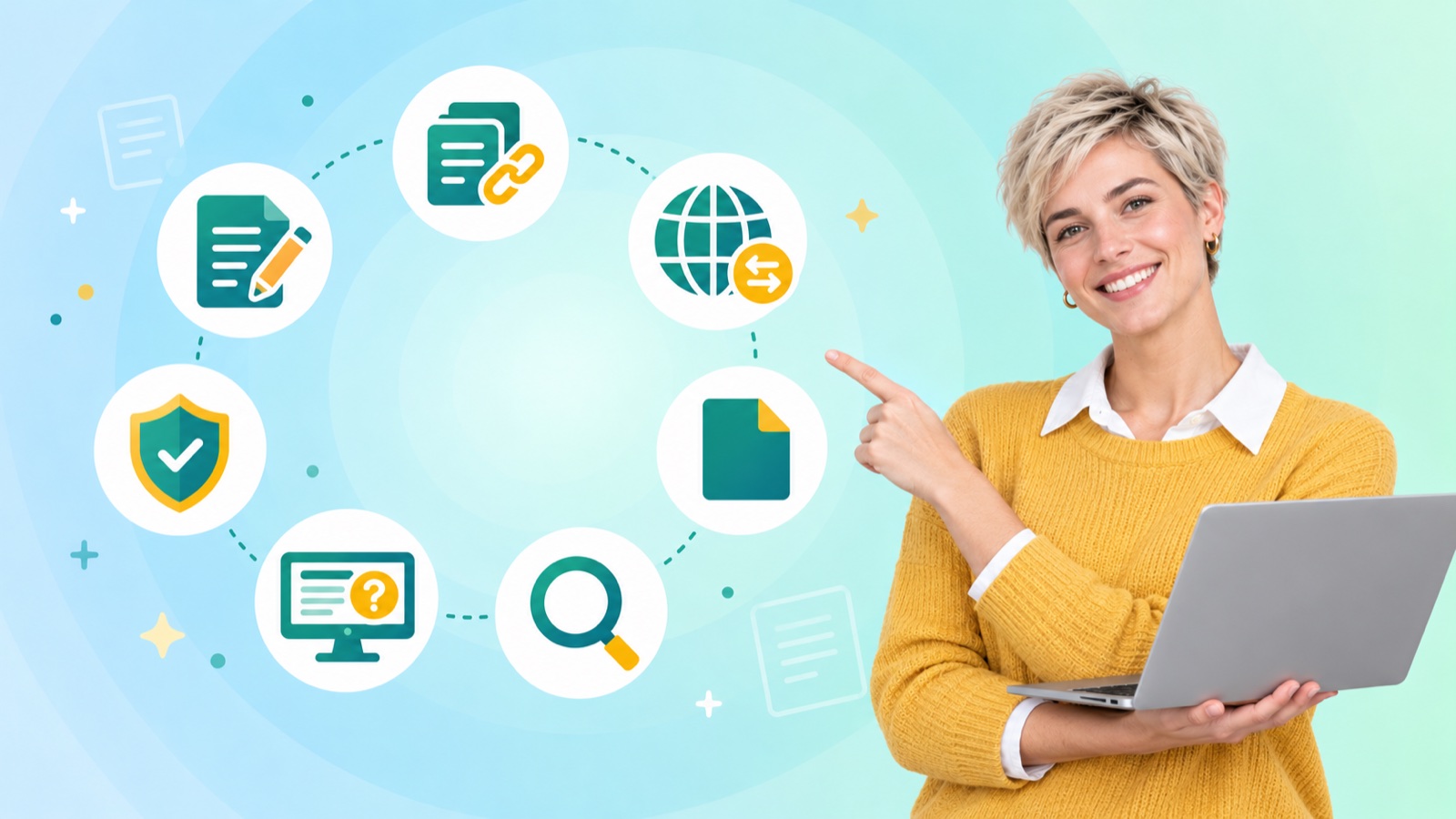 Best help authoring tools: a technical writer at a laptop beside icons for documents, publishing, review and translation